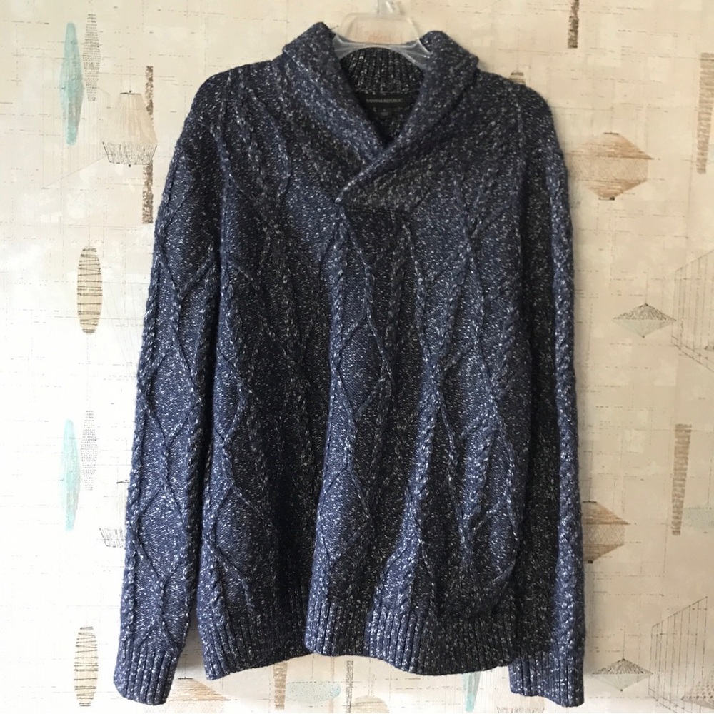 Banana Republic Shawl Collar Navy Blue Cable Knit Pullover Sweater Mens L Large